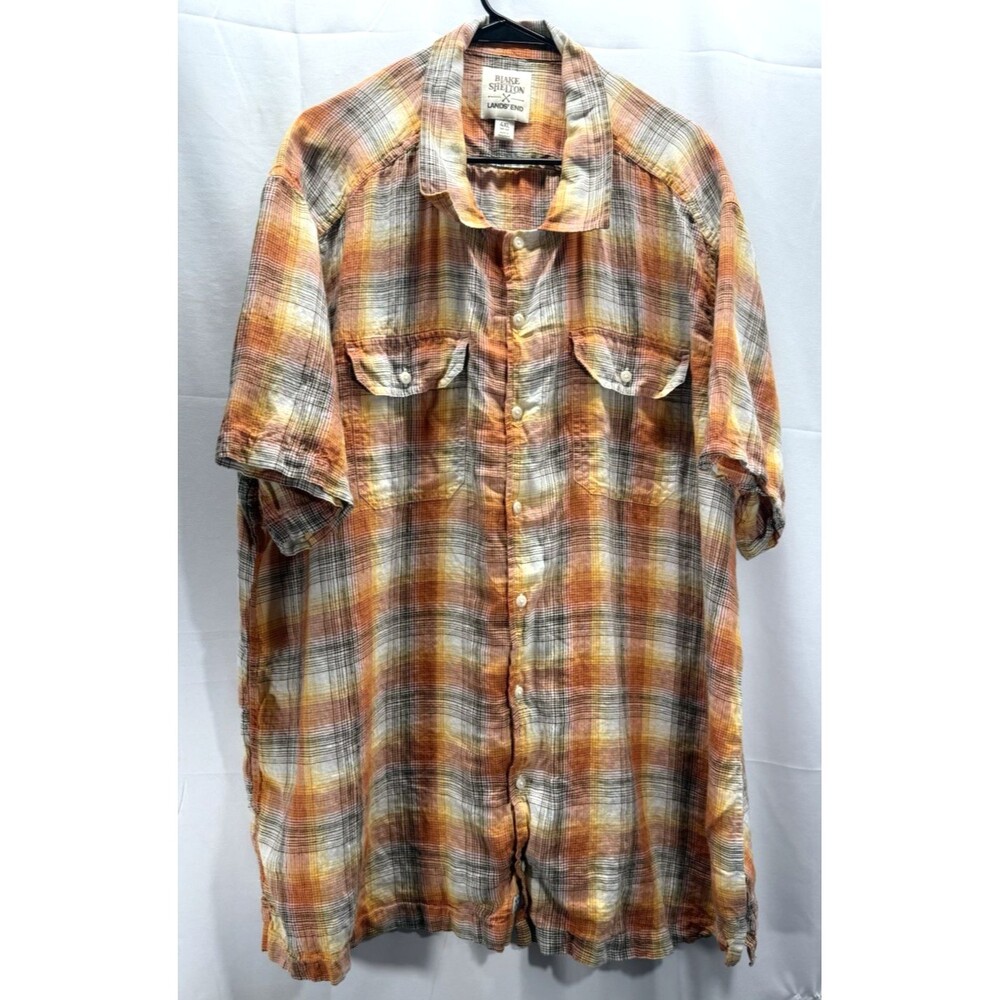 Mens Lands End Blake Shelton Shirt Orange Linen Button Up Plaid Western Sz 4XL